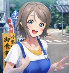Rule 34 | 1girl, absurdres, blue eyes, blush, breasts, brown hair, car, crosswalk, day, highres, holding, holding clothes, looking at viewer, love live!, love live! sunshine!!, moshi 0208, motor vehicle, open mouth, shirt, short hair, smile, solo, suspenders, translation request, upper body, v, watanabe you, white shirt
