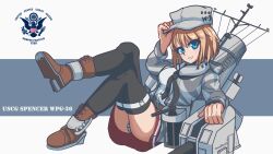 Rule 34 | 1girl, black neckerchief, black thighhighs, blonde hair, blue eyes, boots, breasts, brown footwear, camouflage, camouflage jacket, character name, commission, grey hat, hat, jacket, long sleeves, looking at viewer, machinery, mast, mecha musume, medium breasts, miniskirt, neckerchief, original, panties, personification, phenol r, pleated skirt, red skirt, ship, short hair, skirt, smile, smokestack, solo, striped clothes, striped panties, thighhighs, underwear, united states coast guard, uscgc spencer (wpg-36), watercraft