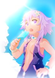 Rule 34 | 1girl, blue sky, blush, cloud, cloudy sky, d-pad, day, food, hand on own hip, highres, jacket, looking at viewer, navel, neptune (neptunia), neptune (series), no bra, open clothes, open jacket, outdoors, popsicle, purple eyes, purple hair, segamark, short hair, sky, solo