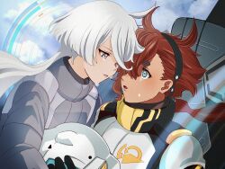Rule 34 | 2girls, ahoge, aqua eyes, black hairband, closed mouth, cloud, cockpit, crying, crying with eyes open, grey eyes, grey hair, gundam, gundam suisei no majo, hair between eyes, hairband, helmet, highres, holding, holding helmet, long hair, long sleeves, looking at another, low ponytail, miorine rembran, mobile suit, multiple girls, open mouth, red hair, sad, suletta mercury, swept bangs, tears, thick eyebrows, upper body, yooooi