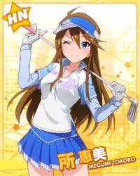 Rule 34 | 10s, 1girl, ;), blue eyes, blush, brown hair, character name, clothes writing, gloves, golf club, idolmaster, idolmaster million live!, long hair, long sleeves, official art, one eye closed, pleated skirt, polo shirt, skirt, smile, solo, sparkle, tokoro megumi, visor cap, wink