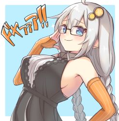 Rule 34 | 1girl, adjusting eyewear, ahoge, armpits, b.c, bare shoulders, bespectacled, black-framed eyewear, black dress, blue background, blue eyes, blush, braid, breasts, closed mouth, collared dress, commentary request, detached sleeves, dress, dutch angle, glasses, grey hair, hair ornament, highres, kizuna akari, large breasts, long hair, looking at viewer, orange sleeves, outside border, sideboob, simple background, skindentation, sleeveless, sleeveless dress, smile, solo, sparkle, star (symbol), striped, translation request, twin braids, upper body, vertical stripes, very long hair, vocaloid, voiceroid, wing collar