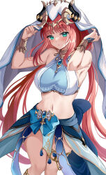 Rule 34 | 1girl, bare shoulders, blue skirt, blush, breasts, brooch, fake horns, genshin impact, green eyes, hands up, harimoji, highres, horns, jewelry, large breasts, long hair, looking at viewer, midriff, navel, nilou (genshin impact), red hair, sidelocks, simple background, skirt, stomach, thighlet, thighs, white background, white headwear, wristlet