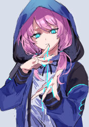 Rule 34 | 1girl, absurdres, arknights, blue eyes, blue poison (arknights), eyebrows hidden by hair, grey background, highres, holding, hood, hooded jacket, hoodie, jacket, long hair, looking at viewer, na tarapisu153, pink hair, poison, simple background, solo, twintails, upper body