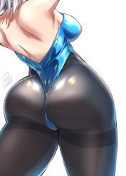 Rule 34 | 1girl, arm up, ass, ass focus, back, backless outfit, bare back, bare shoulders, black pantyhose, blue leotard, breasts, commentary request, cowboy shot, curvy, head out of frame, highres, hip focus, huge ass, izayoi sakuya, large breasts, leotard, pantyhose, shiny clothes, short hair, silver hair, simple background, sleeveless, solo, standing, tajima yuuki, thick thighs, thighband pantyhose, thighs, touhou, white background, wide hips