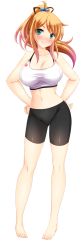 Rule 34 | 1girl, absurdres, barefoot, bike shorts, blonde hair, blush, breasts, cleavage, feet, full body, game cg, green eyes, hands on own hips, highres, hinata sora, huge breasts, legs, long hair, looking at viewer, midriff, navel, ponytail, simple background, smile, solo, sports bra, standing, stray school, thighs, toes, toranomon kyouko, white background