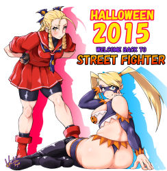 Rule 34 | 1990s (style), 2girls, adapted costume, ass, bare shoulders, bike shorts, blonde hair, breasts, capcom, clothing cutout, domino mask, hair slicked back, halloween, hori shin, kanzuki karin, large breasts, long hair, looking at viewer, mask, multiple girls, rainbow mika, retro artstyle, shadow, shoulder cutout, signature, street fighter, street fighter zero (series), thick thighs, thighs, twintails