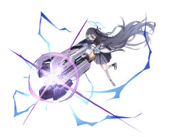Rule 34 | 1girl, absurdly long hair, aris (blue archive), black hair, black hairband, blue archive, blue eyes, bright pupils, einheadt, full body, hairband, highres, holding, holding weapon, jacket, long hair, looking ahead, multicolored clothes, multicolored jacket, one side up, open mouth, pleated skirt, railgun, ringed eyes, serious, simple background, skirt, solo, standing, teeth, upper teeth only, very long hair, weapon, white background, white pupils