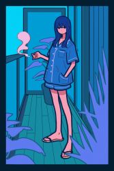 Rule 34 | 1girl, black border, blue hair, blue shirt, blue shorts, blue theme, border, breast pocket, cigarette, expressionless, flat color, hand in pocket, highres, holding, holding cigarette, long hair, miyoshi yoshimi, original, plant, pocket, potted plant, sandals, shirt, short sleeves, shorts, smoke, solo, standing, wide shot