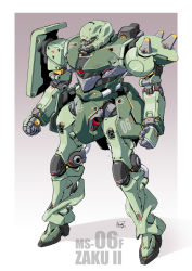 Rule 34 | character name, clenched hand, gradient background, gundam, highres, mao (6r), mecha, mobile suit gundam, no humans, one-eyed, redesign, robot, solo, standing, zaku ii, zeon