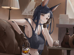 Rule 34 | 1girl, :d, alcohol, animal ears, arknights, bare arms, bare shoulders, black hair, black panties, blush, bottle, breasts, bright pupils, brown eyes, brown gloves, camisole, cleavage, collar, collarbone, covered erect nipples, cup, dobermann (arknights), dog ears, gloves, grin, hand on own cheek, hand on own face, holding, holding cup, ice, ice cube, indoors, lamp, large breasts, long hair, looking at viewer, material growth, mole, mole under eye, navel, nipples, no bra, open mouth, oripathy lesion (arknights), panties, parted bangs, parted lips, rhodes island logo (arknights), sama (sama24654684), see-through, sitting, smile, solo, sparkle, spiked collar, spikes, strap slip, table, teeth, thong, underwear, underwear only, whiskey