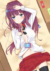 Rule 34 | 1girl, black thighhighs, blue eyes, blunt bangs, blush, bow, breasts, cellphone, closed mouth, come hither, commentary request, cowboy shot, digital media player, dress shirt, earphones, from above, hair bow, hand on own chest, hand on own head, highres, holding, long hair, long sleeves, looking at viewer, lying, medium breasts, midriff, navel, new game!, on back, open clothes, open shirt, phone, pleated skirt, purple hair, red bow, red ribbon, red skirt, ribbon, shirt, sidelocks, skirt, smartphone, smile, solo, stomach, takimoto hifumi, thighhighs, yukarite