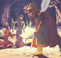 Rule 34 | 1girl, 2boys, blonde hair, breasts, cape, commentary request, dragon quest, dragon quest ii, dress, gloves, goggles, goggles on head, goggles on headwear, hat, hood, long hair, multiple boys, open mouth, potion, prince of lorasia, prince of samantoria, princess of moonbrook, spiked hair, sword, weapon, yuza
