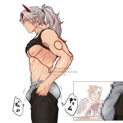 Rule 34 | 2boys, abs, arataki itto, ass, black tank top, blush, bouncing ass, bouncing bulge, bulge, bulge lift, censored, demon horns, dressing, feet out of frame, from side, genshin impact, gorou (genshin impact), grey hair, horns, large pectorals, male focus, meme, mosaic censoring, motion lines, multiple boys, never seen a guy recreate this (meme), nipples, open pants, pants, pants lift, pectorals, ponytail, shajjung, solo focus, standing, stomach, tank top, toned, toned male, translation request, underpec, undersized clothes
