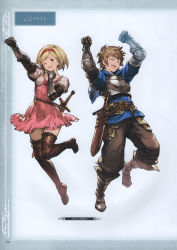Rule 34 | 10s, 1boy, 1girl, absurdres, armor, belt, blonde hair, boots, brown eyes, brown hair, djeeta (granblue fantasy), dress, closed eyes, fighter (granblue fantasy), frills, gauntlets, gran (granblue fantasy), granblue fantasy, hairband, highres, knee boots, looking at viewer, minaba hideo, non-web source, official art, one eye closed, open mouth, pants, pink dress, puffy sleeves, scan, simple background, sword, thighhighs, weapon, zettai ryouiki