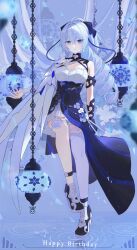 1girl absurdres asymmetrical_sleeves blue_butterfly blue_dress breasts bronya_zaychik bronya_zaychik_(silverwing:_n-ex) bug butterfly dress drill_hair earrings flower_ornament grey_eyes hair_between_eyes happy_birthday highres honkai_(series) honkai_impact_3rd insect jewelry large_breasts long_hair meijianshanshuizhangming single_thighhigh smile snowflakes solo thighhighs water white_thighhighs