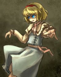 Rule 34 | 1girl, alice margatroid, blonde hair, blue eyes, capelet, evil smile, female focus, glowing, glowing eyes, grin, hirosato, outstretched arms, pointing, ribbon, shaded face, short hair, smile, solo, spread arms, touhou