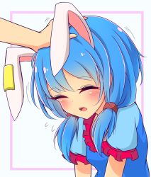Rule 34 | 1girl, animal ears, blue hair, blush, closed eyes, commentary request, floppy ears, flying sweatdrops, head pat, headpat, highres, inon, low twintails, open mouth, rabbit ears, seiran (touhou), short sleeves, solo focus, touhou, twintails, upper body