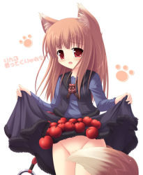 Rule 34 | 00s, animal ears, apple, brown hair, clothes lift, dress, fang, food, fruit, holo, long hair, no panties, red eyes, skirt, skirt basket, skirt lift, solo, spice and wolf, tail, wolf ears, wolf tail, yokuran