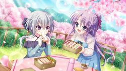 2girls :d ahoge aqua_eyes bento blue_dress blue_sky blush breasts buttons cherry_blossoms cherry_tree closed_mouth coaster cookie day dot_nose dress dutch_angle eating falling_petals film_grain food food_request frilled_dress frills game_cg grass green_dress grey_hair high_ponytail holding_bento holding_sandwich ichijou_ruka izumi_tsubasu lens_flare long_hair long_sleeves looking_at_another mountainous_horizon multiple_girls napkin non-web_source off-shoulder_dress off_shoulder official_art open_mouth outdoors petals pink_petals purple_eyes purple_hair railing re:stage! sandwich short_hair_with_long_locks sky small_breasts smile sparkle sunlight table tablecloth thermos tsukisaka_sayu wicker_basket wooden_railing wooden_table