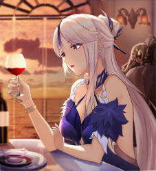 Rule 34 | 1girl, absurdres, backlighting, blue collar, blue dress, blurry, blurry background, bottle, bowl, bracelet, breasts, chair, collar, collarbone, commentary, cup, dido (magicc), dress, drinking glass, earrings, fur-trimmed sleeves, fur trim, genshin impact, hair ornament, hair tassel, highres, holding, holding cup, indoors, jewelry, lipstick, long hair, makeup, medium breasts, ningguang (genshin impact), ningguang (orchid&#039;s evening gown) (genshin impact), official alternate costume, parted lips, plate, red eyes, red lips, saucer, sitting, solo, stud earrings, table, tassel, tassel hair ornament, upper body, wall lamp, white hair, wine bottle, wine glass