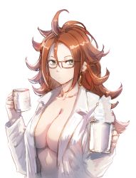 Rule 34 | 1girl, android 21, black-framed eyewear, blouse, bow (bhp), breasts, brown hair, cleavage, coat, coffee mug, collarbone, cup, curly hair, dragon ball, dragon ball fighterz, earrings, green eyes, hoop earrings, jewelry, large breasts, long hair, looking at viewer, mug, naked coat, no bra, open clothes, open coat, open shirt, shirt, simple background, solo, white background