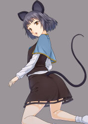 Rule 34 | 1girl, animal ears, black skirt, black vest, blue capelet, brown eyes, capelet, commentary request, full body, grey background, grey hair, highres, kakone, kneeling, long sleeves, looking at viewer, mouse ears, mouse girl, mouse tail, nazrin, open mouth, short hair, simple background, skirt, socks, solo, tail, touhou, vest, white socks