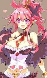 Rule 34 | 1girl, :d, bad id, bad pixiv id, bare shoulders, breasts, brown background, cleavage, crown, disgaea, fang, feather boa, heart, hinano, large breasts, long hair, looking at viewer, makai senki disgaea 5, navel, necktie, open mouth, pink hair, pointy ears, ponytail, purple eyes, seraphina (disgaea), seraphine, simple background, skirt, smile, solo