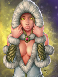 Rule 34 | 1girl, 2016, blonde hair, breasts, center opening, cleavage, female focus, frown, hel (smite), highres, hood, hood up, looking at viewer, no bra, no pupils, realistic, sciamano240, signature, smite, solo, upper body, yellow eyes