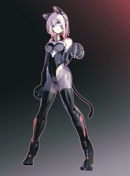 Rule 34 | 1girl, absurdres, android, animal ears, animal hands, bell, black background, blonde hair, blue eyes, breasts, cat ears, cat paws, cat tail, commentary request, fake animal ears, full body, gradient background, grey background, highres, ishiyumi, leotard, mechanical buddy universe, medium breasts, medium hair, momdroid (mechanical buddy universe), neck bell, paw pose, solo, tail, thighhighs