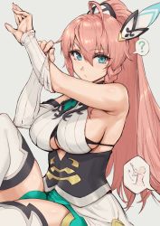 Rule 34 | 1girl, ?, bare shoulders, braid, breasts, clothing cutout, commentary, detached sleeves, dragalia lost, green eyes, grey background, hair ornament, hands up, haoni, high ponytail, highres, knee up, large breasts, long hair, looking at viewer, louise (dragalia lost), pink hair, ponytail, sideboob, simple background, sitting, solo, spoken question mark, thighhighs, thighs, underboob cutout, very long hair
