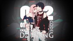 Rule 34 | 10s, 1boy, 1girl, bare shoulders, belt, black collar, black hair, black hairband, black jacket, black shirt, blue eyes, blue horns, blue jacket, chain, chain necklace, character name, chenaze57, clothes pull, collar, collarbone, commentary request, couple, darling in the franxx, green eyes, grey pants, hair ornament, hairband, hand on another&#039;s chin, hand on another&#039;s hip, hand on own hip, hetero, highres, hiro (darling in the franxx), horns, jacket, jacket pull, jewelry, long hair, long sleeves, navel, necklace, oni horns, open clothes, open jacket, pants, pink hair, red horns, red shirt, shirt, short hair, sleeveless, sleeveless shirt, sleeves rolled up, striped clothes, striped shirt, thighs, torn clothes, torn pants, zero two (darling in the franxx)