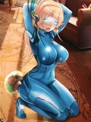 Rule 34 | arms behind head, artist name, assault visor, blonde hair, blue bodysuit, bodysuit, breasts, cleavage, commentary, commission, cosplay, couch, crossed bangs, dawapat, english commentary, english text, forced orgasm, hair between eyes, impossible bodysuit, impossible clothes, indoors, kneeling, large breasts, long hair, nakiri erina, open mouth, paid reward available, purple eyes, samus aran, samus aran (cosplay), shokugeki no souma, variant set, zero suit