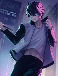 Rule 34 | 1boy, black hair, black pants, blue eyes, bright pupils, building, cowboy shot, highres, holding, holding knife, jacket, knife, long sleeves, looking to the side, male focus, navel, night, open clothes, open jacket, outdoors, pants, sheng ren, shirt, short hair, solo, stomach, t-shirt, tohno shiki, tsukihime, tsukihime (remake), white pupils, white shirt