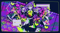 Rule 34 | 1girl, @ @, barbed wire, border, boxcutter, cursor, double v, fence, glitch, heart, highres, holding boxcutter, looking at viewer, neon palette, nou (nounknown), pin, pixel heart, scissors, skirt, v, vocaloid, window (computing)