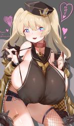 Rule 34 | 1girl, :3, azur lane, bache (azur lane), bandaid, blonde hair, breasts, denim, fang, fishnets, gigantic breasts, highres, huge breasts, long hair, looking at viewer, open mouth, purple eyes, school uniform, serafuku, short shorts, shorts, smile, solo, thighhighs, thighs, wowowo-chan