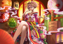 Rule 34 | 1girl, bare shoulders, blue eyes, blurry, breasts, brown hair, chest of drawers, cleavage, commentary, depth of field, egasumi, finger to mouth, floral print, highres, holding, holding smoking pipe, indoors, japanese clothes, kanji, kimono, kiseru, lantern, legs, lips, lipstick, long legs, looking at viewer, looking to the side, makeup, medium breasts, nail polish, oil-paper umbrella, original, paper lantern, plant, red nails, round window, ryami, sitting, smoke, smoking pipe, solo, umbrella, window, yuujo