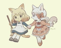 Rule 34 | 2girls, animal ears, apron, ayu (mog), blonde hair, bow, bowtie, broom, dress, furry, furry female, green eyes, grey eyes, holding hands, holding, holding broom, juliet sleeves, logo, long hair, long sleeves, maid, medium hair, multiple girls, open mouth, original, pantyhose, pink dress, puffy sleeves, red bow, red neckwear, red sash, sash, signature, simple background, tail, white apron, white hair, white legwear, yellow background