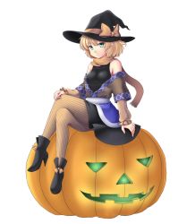 Rule 34 | 1girl, adapted costume, arm warmers, bare shoulders, black hat, black shirt, black skirt, blonde hair, bow, breasts, brown jacket, brown pantyhose, closed mouth, commentary request, crossed legs, expressionless, full body, green eyes, halloween, halloween costume, hat, hat bow, isaki (gomi), jack-o&#039;-lantern, jacket, looking at viewer, medium breasts, mizuhashi parsee, multicolored clothes, multicolored jacket, off shoulder, orange bow, pantyhose, pointy ears, sash, shirt, simple background, sitting, sitting on object, skirt, sleeveless, sleeveless shirt, solo, striped clothes, striped pantyhose, touhou, transparent background, witch hat