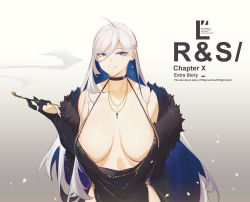 Rule 34 | 1girl, ahoge, bare shoulders, black choker, black dress, breasts, choker, cleavage, dress, evening gown, fur collar, highres, jewelry, large breasts, long hair, multicolored hair, necklace, original, shipl, smoking pipe