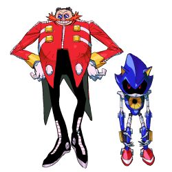 2boys animal_ears armor bald black_pants black_sclera blue-tinted_eyewear blue_armor claws coat colored_sclera dr._eggman ennuikalart facial_hair facing_viewer full_body goggles goggles_on_head grin hands_on_own_hips hedgehog_boy humanoid_robot long_sleeves male_focus metal_sonic multiple_boys mustache orange_hair pants red_coat red_eyes robot round_eyewear simple_background smile sonic_(series) standing sunglasses tinted_eyewear white_background