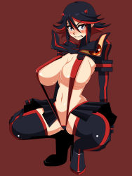 Rule 34 | 10s, 1girl, black hair, boots, breasts, brown background, clenched teeth, embarrassed, full body, high heels, highres, hikora, huge breasts, kill la kill, living clothes, matoi ryuuko, multicolored hair, revealing clothes, senketsu, short hair, simple background, skirt, solo, squatting, suspenders, teeth, thigh boots, thighhighs, two-tone hair