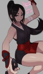 Rule 34 | 1girl, agawa ryou, artist name, bare shoulders, black hair, commentary, dated, english commentary, eyebrows, grey background, high ponytail, kunai, long hair, looking at viewer, original, ponytail, signature, simple background, smile, solo, thighs, weapon