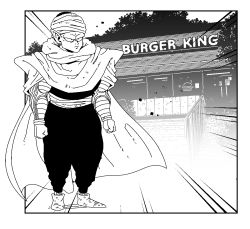Rule 34 | 1boy, billowing cape, black border, border, building, burger, burger king, cape, clenched hands, closed mouth, commentary, copyright name, door, dragon ball, emphasis lines, english commentary, fence, food, full body, greyscale, looking to the side, meme, monochrome, outdoors, outside border, pants, photo-referenced, photo background, piccolo, pointy ears, pointy footwear, restaurant, saillaser, sash, serious, shoes, sign, solo, standing, tree, turban