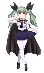 Rule 34 | 1girl, absurdres, anchovy (girls und panzer), anzio school uniform, belt, black belt, black cape, black footwear, black necktie, black ribbon, black skirt, cape, closed mouth, commentary request, crossed legs, dress shirt, drill hair, emblem, finger to mouth, full body, girls und panzer, green hair, hair ribbon, highres, loafers, long hair, long sleeves, looking at viewer, miniskirt, munisuke (zrkt7883), necktie, pantyhose, pleated skirt, red eyes, ribbon, school uniform, shirt, shoes, simple background, skirt, skirt hold, smile, solo, standing, thighs, twin drills, twintails, v-shaped eyebrows, white background, white pantyhose, white shirt