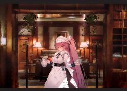 Rule 34 | 1girl, apron, blush, bookshelf, breasts, chair, clothes hanger, commentary request, couch, cowboy shot, cup, dress, embarrassed, frills, girls&#039; frontline, holding, holding cup, indoors, lamp, large breasts, long hair, long sleeves, looking at viewer, maid, maid headdress, ntw-20 (girls&#039; frontline), ntw-20 (the aristocrat experience) (girls&#039; frontline), official alternate costume, painting (object), pink hair, ponytail, puffy sleeves, red eyes, solo, soukou makura, standing, very long hair