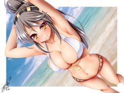 Rule 34 | 10s, adjusting hair, armpits, arms up, beach, bikini, black hair, blush, breasts, brown eyes, cleavage, dated, day, dutch angle, hair ornament, hairband, hairclip, haruna (kancolle), headgear, highres, jotti, kantai collection, large breasts, long hair, navel, ponytail, signature, smile, solo, swimsuit
