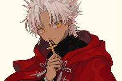 Rule 34 | 1boy, 382, amakusa shirou (fate), black shirt, cloak, closed mouth, cross, cross necklace, dark-skinned male, dark skin, earrings, fate/apocrypha, fate (series), formal, hood, hood down, jewelry, male focus, necklace, red cloak, shirt, short hair, solo, turtleneck, white background, white hair, yellow eyes