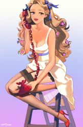 Rule 34 | 1girl, blonde hair, blue eyes, bow, breasts, cleavage, corded phone, dress, gradient background, hair bow, hair rollers, high heels, holding, holding phone, ladder, lipstick, long hair, looking to the side, makeup, moo9mom, open mouth, original, phone, pinup (style), see-through, see-through legwear, smile, solo, stepladder, talking on phone, thighhighs, wavy hair