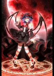 Rule 34 | 1girl, adapted costume, alternate color, ankle cuffs, bare shoulders, bat wings, detached sleeves, female focus, full body, full moon, hat, magic circle, mary janes, moon, night, night sky, open mouth, outdoors, purple hair, red eyes, red moon, remilia scarlet, shiroino (shirayuki mutsuki), shoes, short hair, sky, smile, solo, star (sky), starry sky, striped clothes, striped thighhighs, thighhighs, touhou, wings